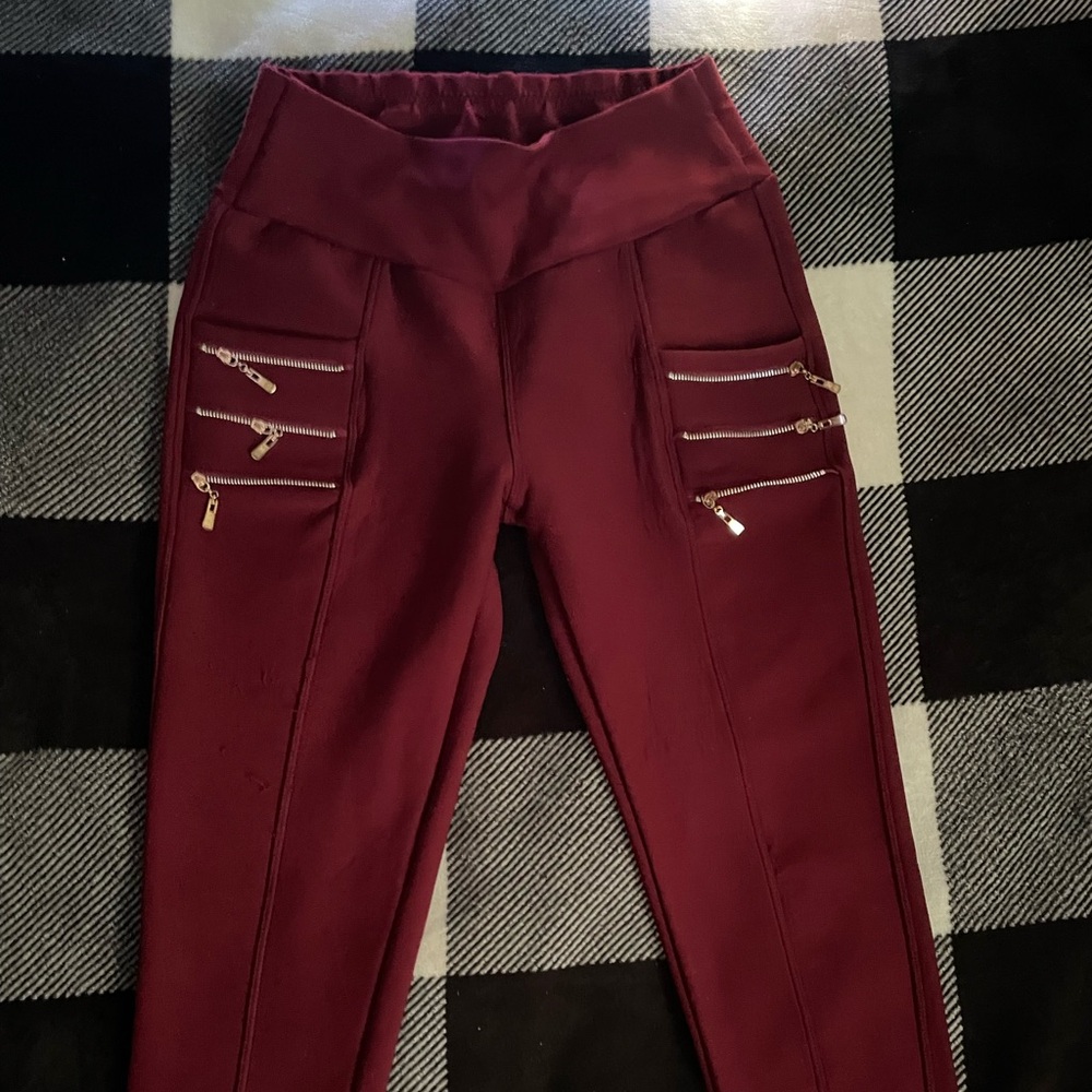 Burgundy Pants with Gold Zipper Accents